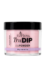 Front facing EzFlow TruDIP French Pink Powder 2 ounce glass container capped with a black cover
