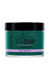 A forward facing short round glass jar filled with 2 ounces of EZFlow TruDIP Riddle Me This nail powder dip