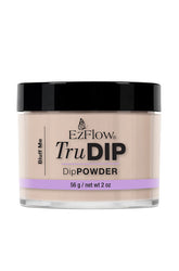 A 2 ounce transparent glass tub of EzFlow TruDIP Bluff Me printed with product name & information