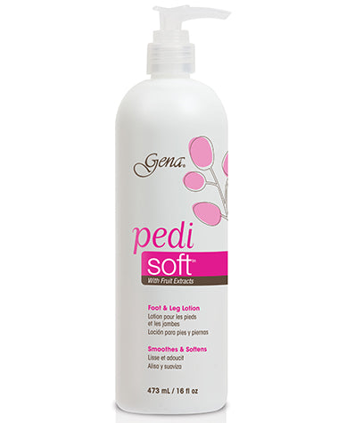 Closeup look on Gena Pedi Soft Lotion in 16-ounce pump bottle with printed product details 