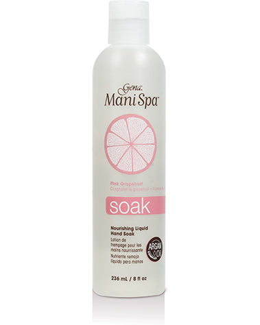 Front facing of an 8-ounce bottle of Gena Mani Spa Nourishing Liquid Hand Soak with printed labeled text