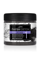 Front view of  Pedi Spa Detox Black Charcoal Soak in 15.5-ounce flask with black color lid and labeled text