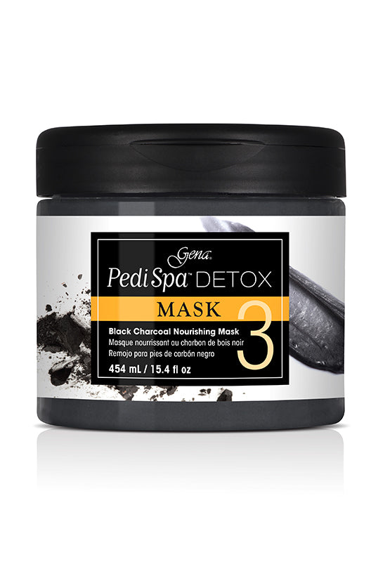 Front view of capped Pedi Spa Detox Black Charcoal Mask in a 15.4-ounce bottle with product labeled text 