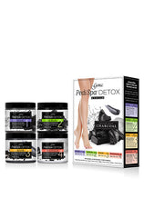 3D demonstration of 4-piece Pedi Spa Detox Black Charcoal foot care box and products lay in white setting background