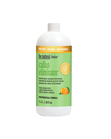A capped white 34 ounce bottle of ProLinc Orange Callus Eliminator printed with product details in 3 languages