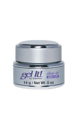 A gray & chrome colored 0.5 ounce jar of EzFlow Clear It! LED/UV gel for nails