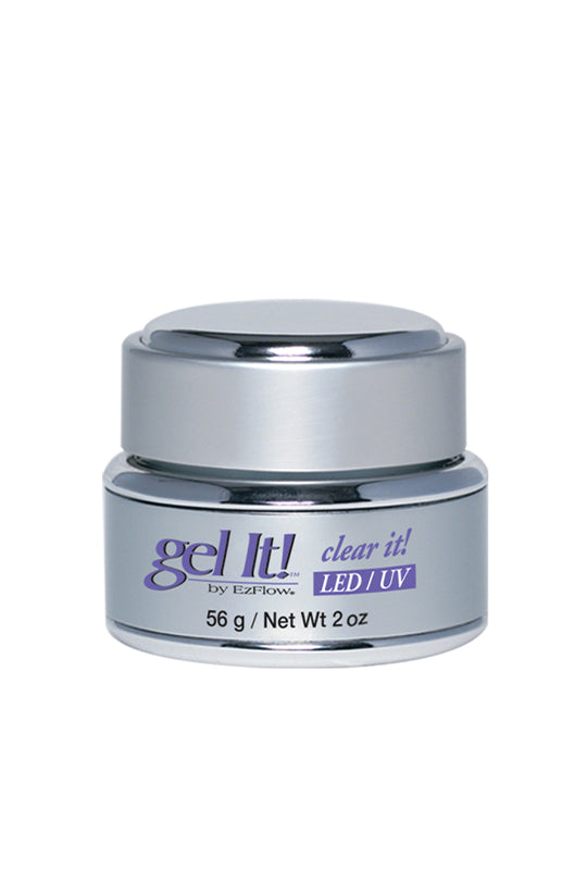 A capped 2 ounce tub containing EzFlow Clear It! LED/UV nail gel with a print-on product label