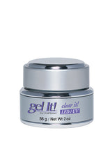 A capped 2 ounce tub containing EzFlow Clear It! LED/UV nail gel with a print-on product label