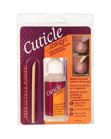 Cuticle Away with Cuticle Pusher in its plastic clamshell packaging printed with product details & illustrations