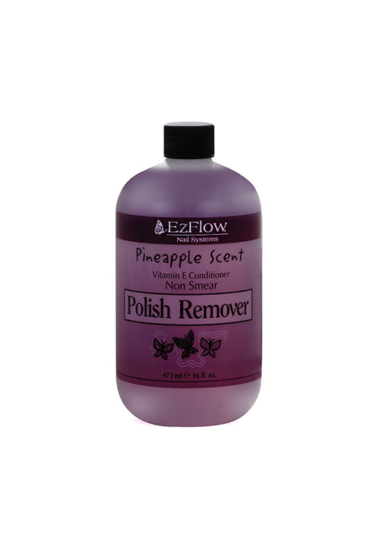 Frontal view of EzFlow Polish Remover in Pineapple scent with printed product details in a 16-ounce size bottle