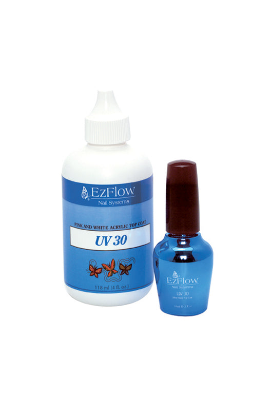 Front view demonstration of EzFlow UV-30 in 4-ounce dropper bottle and an 0.5 ounce bottle filled with EzFlow UV-30