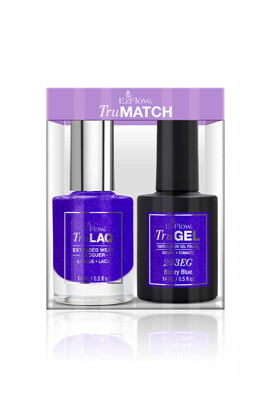 Front view of EzFlow TruMatch Color Duos Boozy Blue 2 bottle gel & lacquer polish combo retail pack