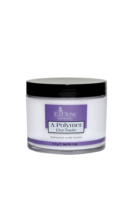 Front view of EzFlow Acrylic Nail Powder with 4-ounce container with black cover cap and product  details