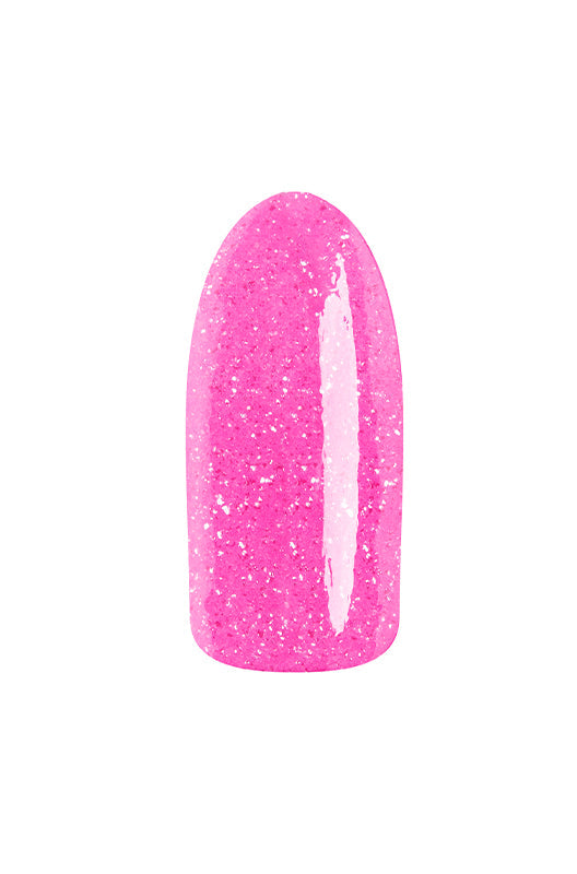 Gliterry bubblegum pink color swatch of EzFlow TruDIP XO Maybe previewed on an artificial nail
