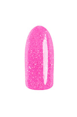 Gliterry bubblegum pink color swatch of EzFlow TruDIP XO Maybe previewed on an artificial nail