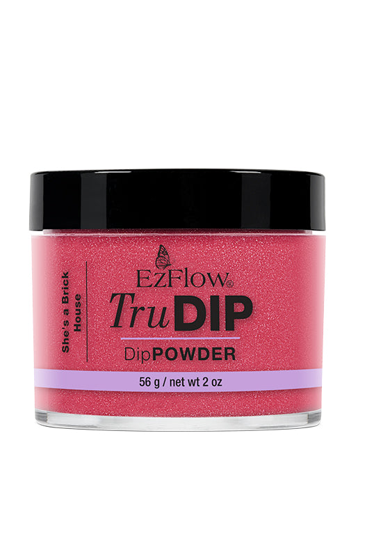 A 2 ounce clear glass bottle of EzFlow TruDIP She's a Brick House printed with product name & information
