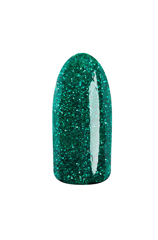Emerald green glitter swatched onto artificial nail showing EzFlow TruDIP Riddle Me This nail powder's finish
