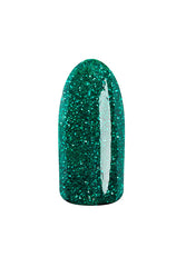 Emerald green glitter swatched onto artificial nail showing EzFlow TruDIP Riddle Me This nail powder's finish