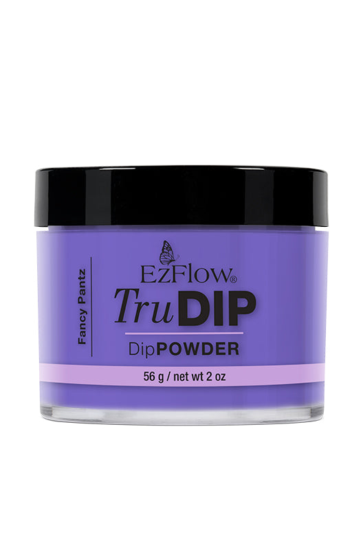Front facing EzFlow TruDIP Fancy Pantz 2 ounce glass container capped with a black cover