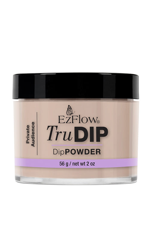 Forward facing 2 ounce transparent glass jar filled with EzFlow TruDIP Private Audience nail powder dip
