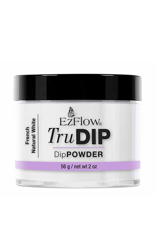 Front view of a 2 ounce clear glass jar containing EzFlow TruDIP Natural White Powder