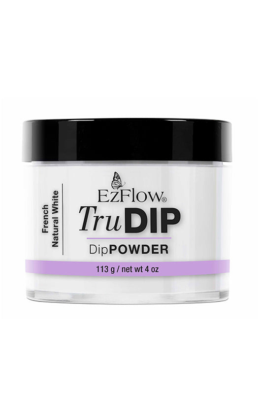 A short 4 ounce glass container of EZFlow TruDIP Natural White Powder printed with brand & product name