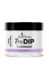 A short 4 ounce glass container of EZFlow TruDIP Natural White Powder printed with brand & product name