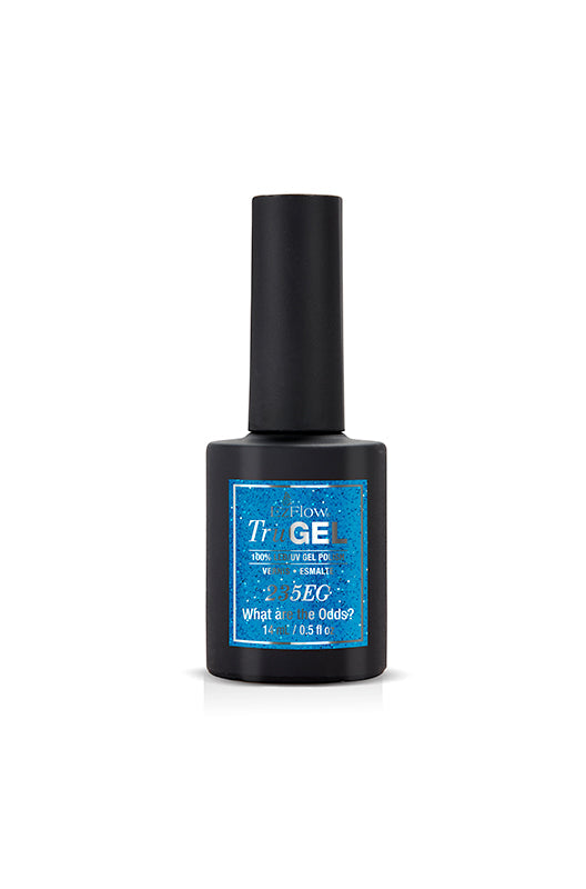 A forward facing short round bottle filled with 0.5 ounces of EZFlow TruGEL What are the Odds? nail gel polish