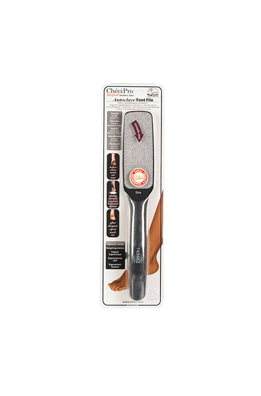 Checi Pro Fine Foot File showing through its retail wall hook packaging featuring its black handle & abrasive surface