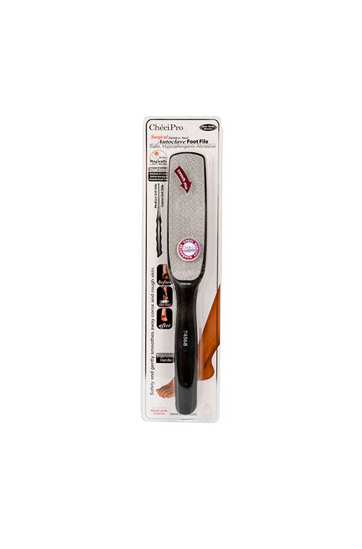 Checi Pro Dual Coarse & Medium Foot File in its plastic retail wall hook packaging with its coarse side facing forward