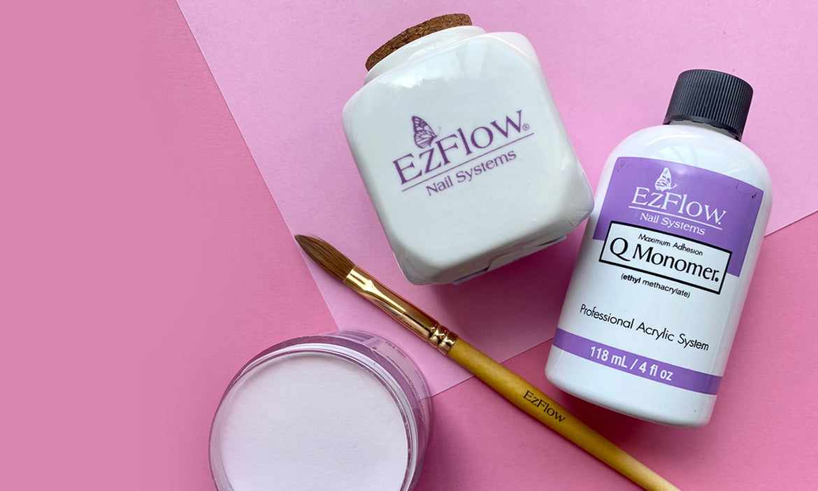 Two bottles of EZFlow nail system products on a pink background