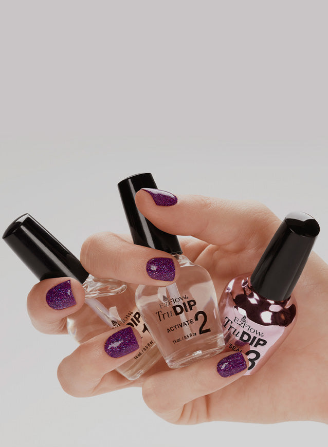 Purple glitter nails with EzFlow TruDip system, including Activator and Sealer bottles, for a flawless dip manicure.
