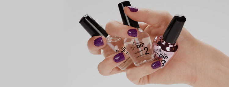 Purple glitter nails with EzFlow TruDip system, including Activator and Sealer bottles, for a flawless dip manicure.