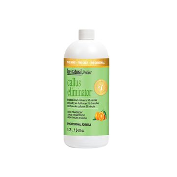 A capped white 34 ounce bottle of ProLinc Orange Callus Eliminator printed with product details in 3 languages