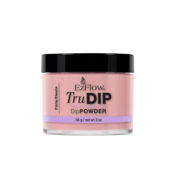 Forward facing 2 ounce transparent glass jar filled with EzFlow TruDIP Flirty Fiesta nail powder dip